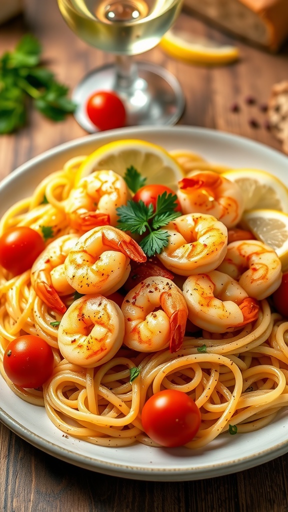 Garlic butter shrimp on spaghetti with parsley and lemon on a rustic table.